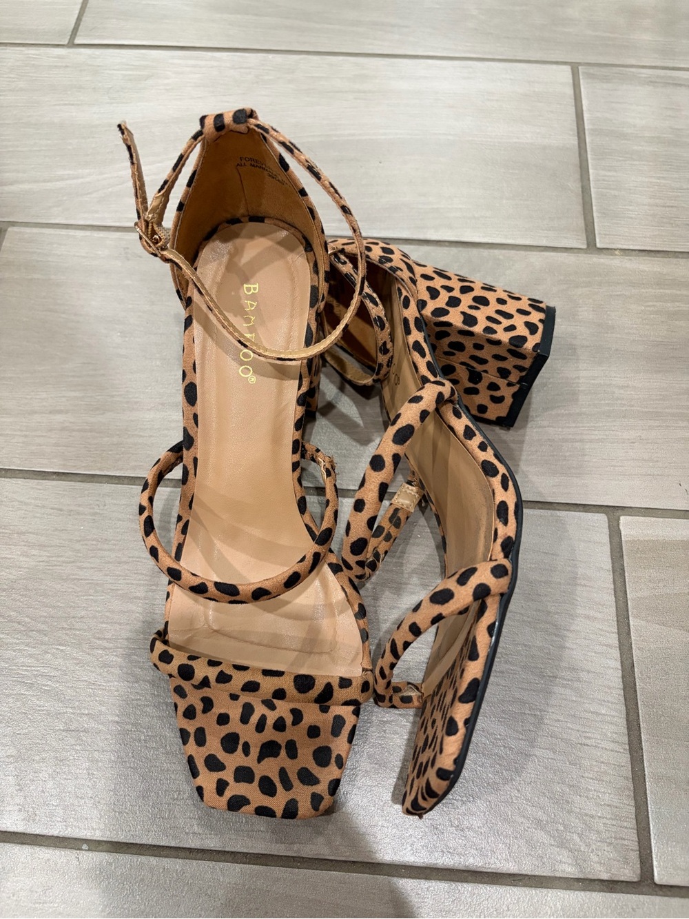 BAMBOO Leopard Print Strappy Block Heel Sandals - Tan/Black
